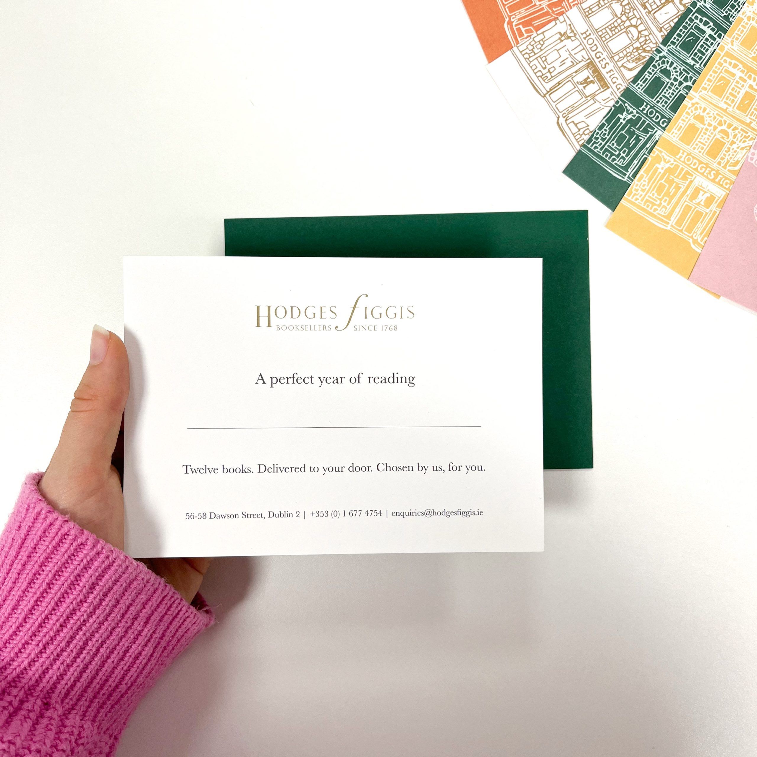 Printed stationery for Hodges Figgis, including gift vouchers and colourful bookmarks