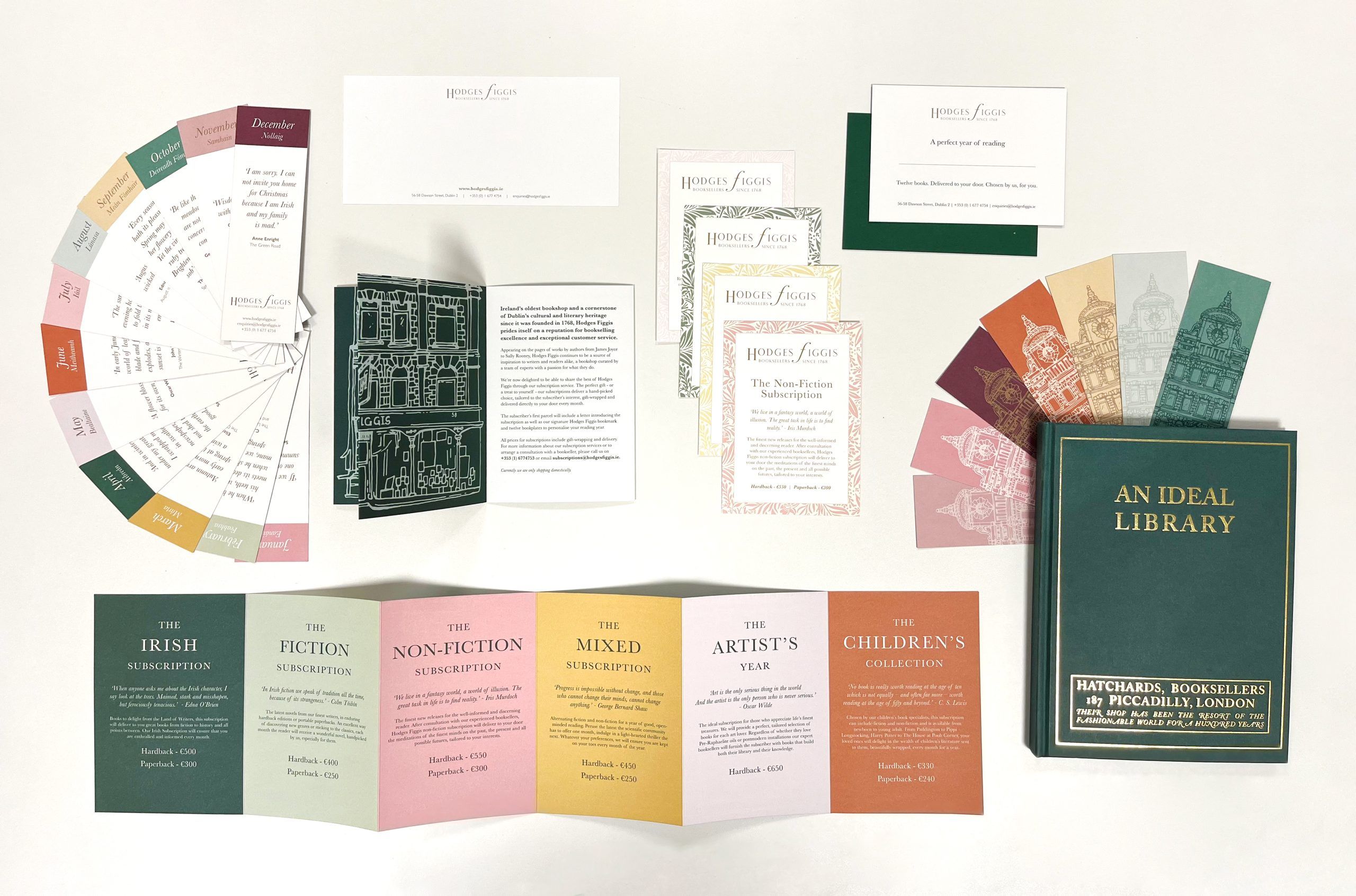 Stationery suite for Hodges Figgis including comp slips, accordion style subscription booklets, bookmarks and hand outs